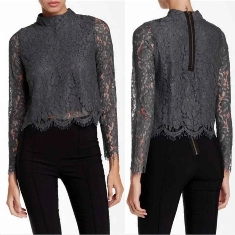 Chaser Mock Neck Scalloped Sheer Long Sleeve Top Size M